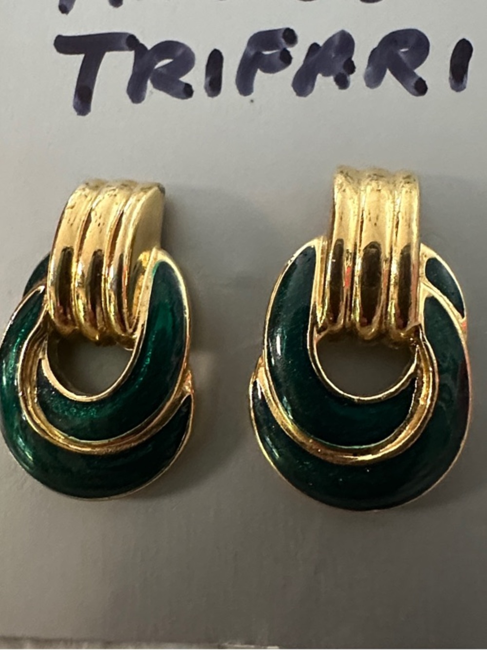 Trifari Gold-Tone and Emerald Green Double Loop Clip-On Earrings
